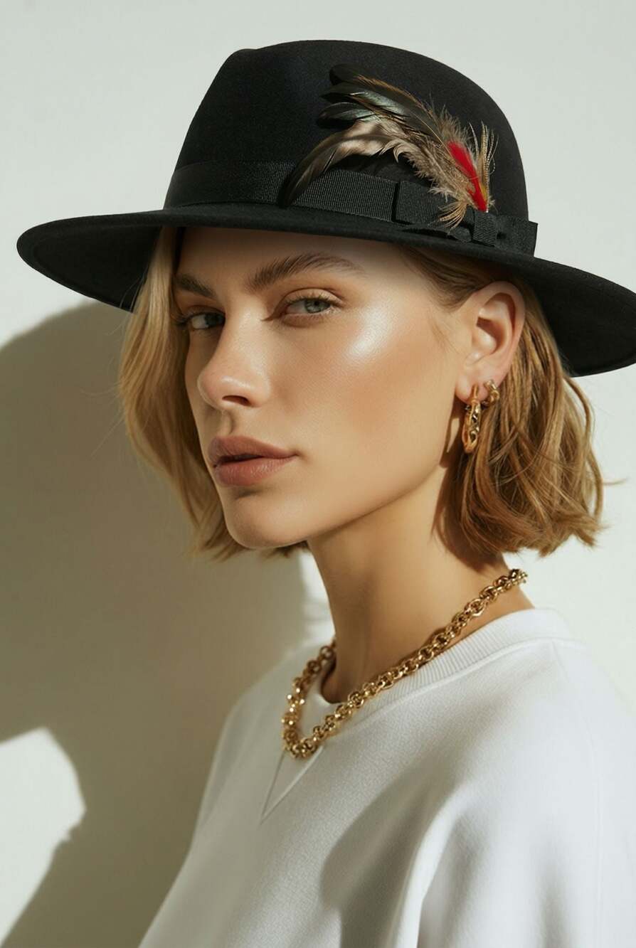 Vintage Chelten 100% Wool Felt Black Wide Brim Fedora Hat with Feather Detail